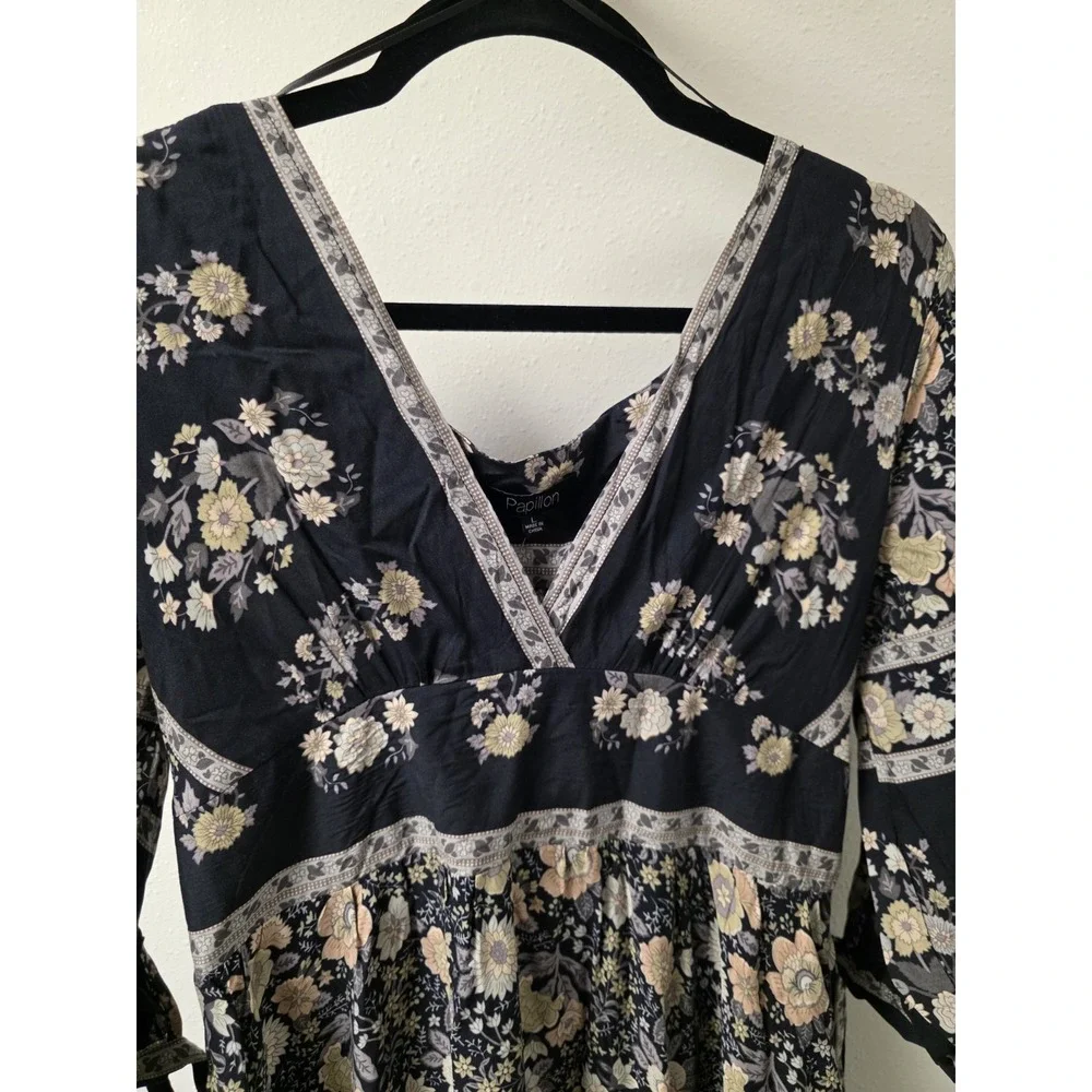 Papillon Boho Floral Maxi Dress Women's L–100% Viscose, Tie-Sleeve, V-Neck,‎ NWT - Picture 4 of 9